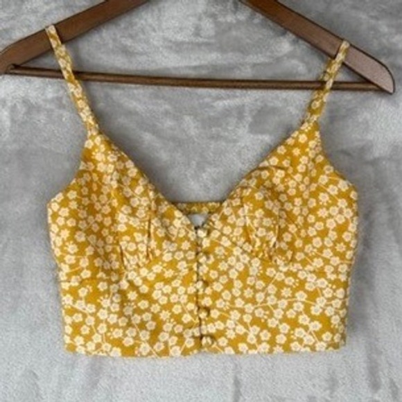 Polly Tops - Yellow Floral Crop‎ Top Button Front Adjustable Straps Women's Size S